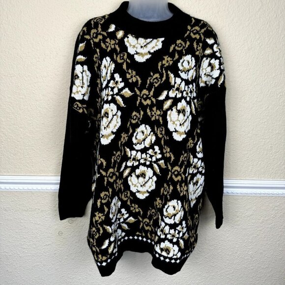 Vintage Trimmings Sweater 22W White Rose High Neck Black Gold Whimsigoth Gothic - Picture 1 of 9